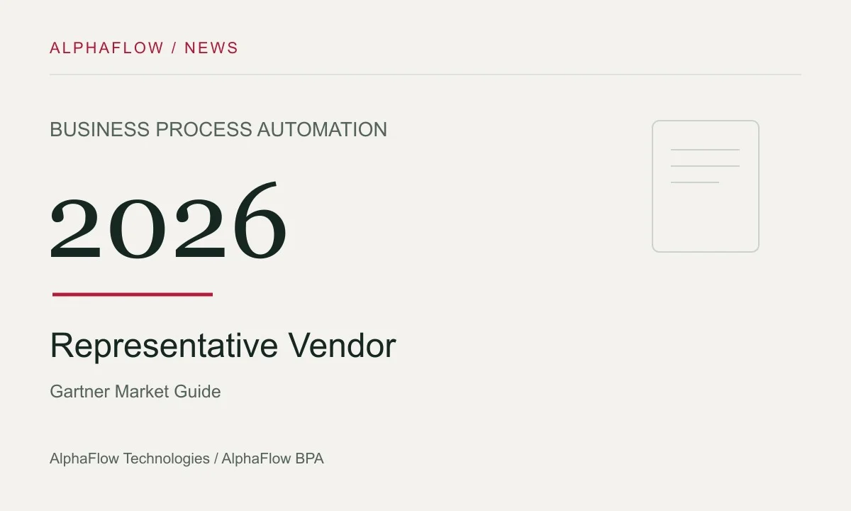 AlphaFlow news graphic: Representative Vendor in the 2026 Gartner BPA Market Guide