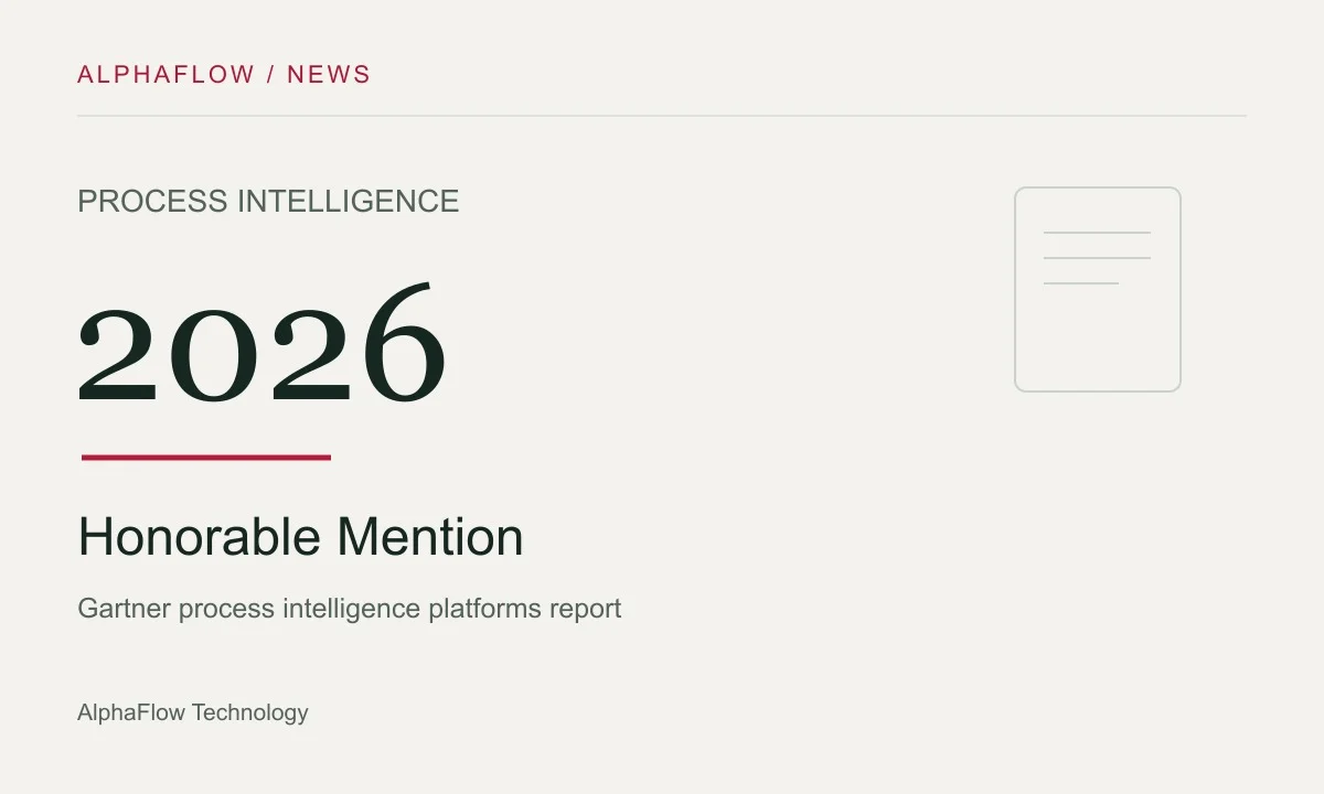 AlphaFlow news graphic: Honorable Mention in Gartner’s 2026 process intelligence report