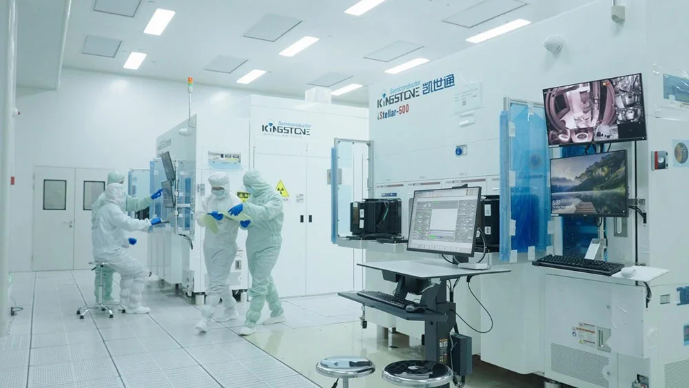 Semiconductor cleanroom with technicians and manufacturing equipment